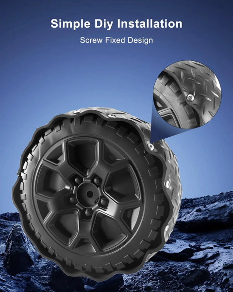 Rubber Tire Upgrade Kit For Power Wheels Ride On Cars, close-up of screw fixed design for real traction on pavement.