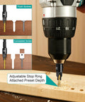 5-piece countersink drill bit set with adjustable depth stop, mounted in a drill for woodworking (front view).