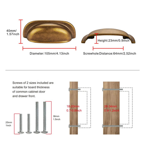 Diagram of Antique Brass Cup Cabinet Handles 10 Pack With 2.5 Inch Screw Spacing Zinc Alloy Drawer Pulls with measurements.