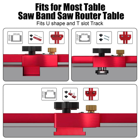 Thin Rip Jig for Table Saw and Router Table, close-up of aluminum slot compatibility with three quarters inch by three eighths inch U slot and one quarter by three eighths inch T slot.