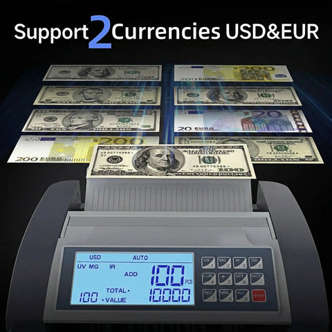 Dual Motor Cash Counter 2.0 with 5 Layer Counterfeit Detection UV MG IR DD MT, LCD display counting USD and EUR bills