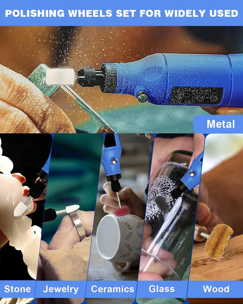 Hustle Free 140 Piece Drill Compatible Rotary Polishing Kit With Multi Size Buffing Wheels Sanding Pads And Precision Cutting Bits for finishing wood, glass, jewelry, ceramics and stone.