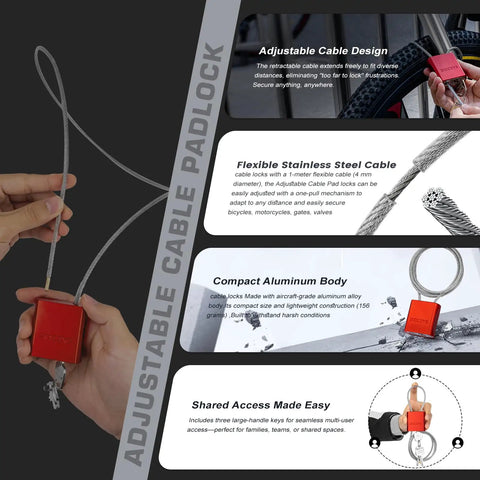 Adjustable Steel Cable Padlock With 3 Keys, 3.28 Feet Long, Weatherproof Aluminum Lock for bikes and outdoor gear shown in use.