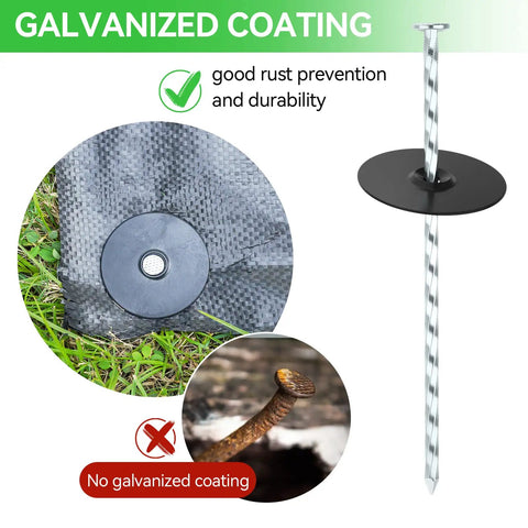 Heavy-Duty Galvanized Landscape Stakes With Gasket Caps, 6.3 Inch Garden Spikes For Securing Weed Barriers Artificial Lawn Patio Rugs And More, 50 Pack Durable Steel Garden Fixers showing spiral design and installed with fabric