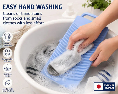 Heavy Duty Japanese Plastic Washboard For Laundry Scrubbing Portable Hand Wash Board Hella Tough For Socks Underwear Baby Gear Durable Textured Surface Removes Dirt Fast Perfect For Travel And Camping Adventures, being used to wash socks.
