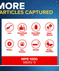 Diagram showing particles trapped by 16 By 20 By 1 Inch Air Filter For AC Or Furnace MERV 11 MPR 1000 including dust, pollen, pet dander.