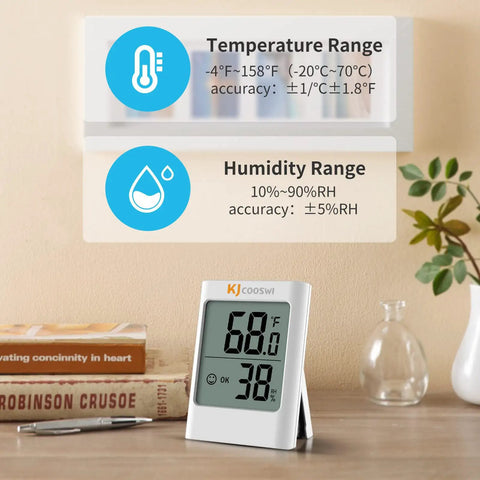 Two Pack Indoor Digital Humidity Gauge And Thermometer For Home Use Handy Hygrometer on desk with temperature monitor