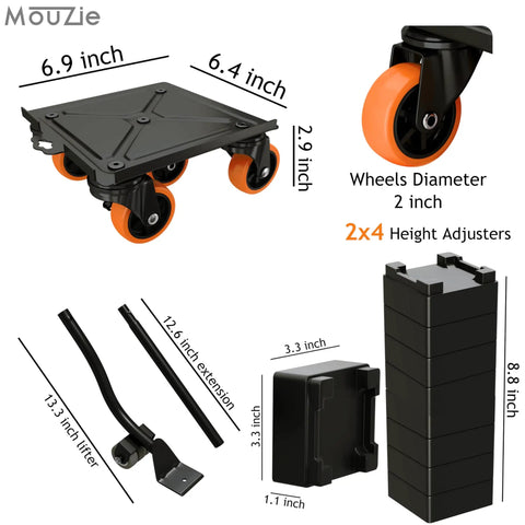 Heavy Duty Furniture And Appliance Lifter Jack With Rolling Wheels And Sliders, 3475 Lb Capacity, showing parts dimensions