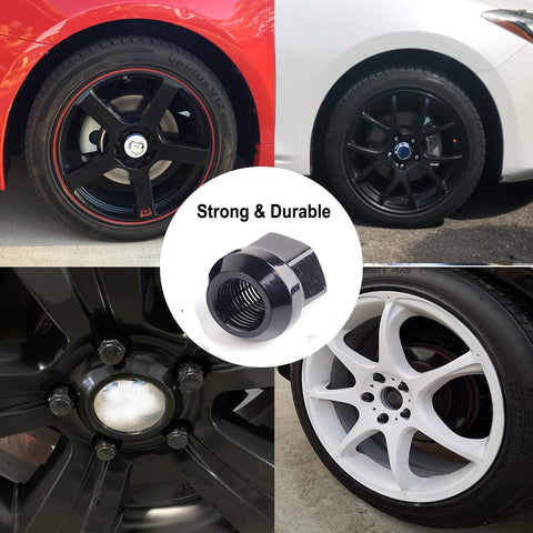 Pack Of 20 Half Inch Lug Nuts Open End Bulge Acorn Style Six Spline Sixty Degree Taper Three Quarter Inch Hex Black Rust Resistant Fits Ford F150 F250 Expedition Lincoln Navigator shown with black and white car wheels