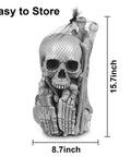 Life Size Skeleton Bones 35 Piece Halloween Decor Set in mesh bag, plastic skeleton props for graveyard scene, dimensions shown