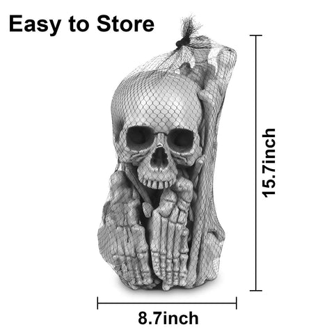 Life Size Skeleton Bones 35 Piece Halloween Decor Set in mesh bag, plastic skeleton props for graveyard scene, dimensions shown