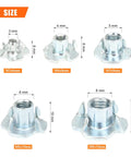 Premium Heavy Duty Zinc Plated Carbon Steel T Nuts Assortment Kit 120 Piece Set M3 M4 M5 M6 M8 showing size specifications.