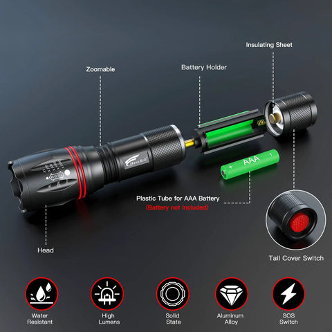Two Pack 2000 Lumen Tactical Flashlights Heavy Duty Aluminum Zoomable Beam 5 Modes Waterproof with battery holder and AAA battery