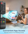 Pack Of 2 Universal Remote Control Replacement For Smart TVs That Play Nice With Frame QLED And LED 7 Series Easy Plug And Play Setup Exact Compatibility With BN59 Series Remotes, showing remote highlighting convenience features and user with TV remote on sofa.