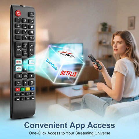 Pack Of 2 Universal Remote Control Replacement For Smart TVs That Play Nice With Frame QLED And LED 7 Series Easy Plug And Play Setup Exact Compatibility With BN59 Series Remotes, showing remote highlighting convenience features and user with TV remote on sofa.