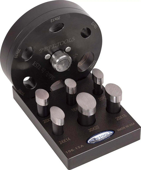 Oval Cabochon Disc Cutter Set With 6 Dies For Jewelry Making And Metal Forming Includes Organizer Stand PepeLube And Red Urethane Base 30x22 To 18x13 mm Sizes Made In USA