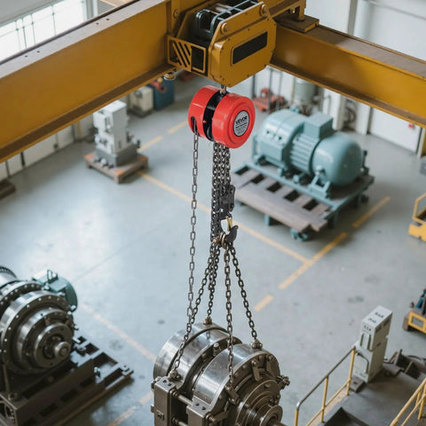 Front view of VEVOR hand chain hoist, 2-ton capacity, red block with steel chain hung from yellow overhead crane beam