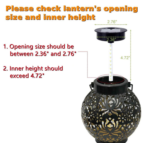 Diagram showing Solar Lantern Replacement Top for Waterproof Outdoor Lights fitting openings 2.36-2.76 inches, height over 4.7 inches.