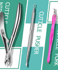 Pro Grade At Home Nail Care Kit with cuticle nipper, pusher, and fork on green background for salon-quality results.