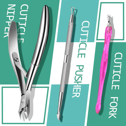 Pro Grade At Home Nail Care Kit with cuticle nipper, pusher, and fork on green background for salon-quality results.