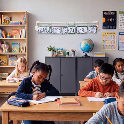 Classroom with kids studying and wall-mounted Fresh Botanical Flip Calendar Bulletin Board Set With Holder For Teachers And Home Office Decor Includes 60 Date Cards And Adjustable Magnetic Rod For Easy Planning 4 Year Cards 12 Month Cards 7 Weekday Cards 31 Date Cards And Weather Cards showing date