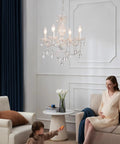 Plug In Crystal Ceramic White Chandelier With Clear Cord And Toggle Switch, Four Light Hanging Pendant Lamp Super Bright for living room.