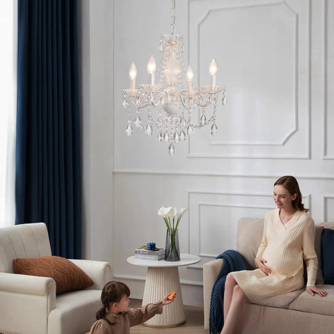 Plug In Crystal Ceramic White Chandelier With Clear Cord And Toggle Switch, Four Light Hanging Pendant Lamp Super Bright for living room.