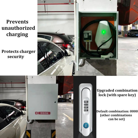 Heavy Duty Universal EV Charger Enclosure And Cover With Cable Holder, Weather Resistant Outdoor Station Box For Electric Vehicles, angle showing upgraded lock and charger setup.