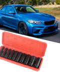 Rock Solid 10pc Deep Impact Socket Set For Cars And Gear Heads, Made From Top Tier Chrome Vanadium Steel Tough As Nails For Quick Repairs On Any Vehicle Or Heavy Duty Job At The Shop. Red case with black deep impact sockets for car repairs.