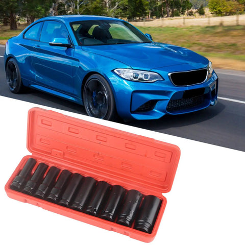 Rock Solid 10pc Deep Impact Socket Set For Cars And Gear Heads, Made From Top Tier Chrome Vanadium Steel Tough As Nails For Quick Repairs On Any Vehicle Or Heavy Duty Job At The Shop. Red case with black deep impact sockets for car repairs.