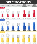 Ratcheting Wire Terminal Crimping Tool Kit With 800 PCS Wire Connectors showing assorted rings, spades, and butt splices in various colors.