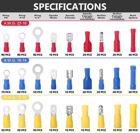 Ratcheting Wire Terminal Crimping Tool Kit With 800 PCS Wire Connectors showing assorted rings, spades, and butt splices in various colors.