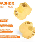 Image of two brass four-way pipe fitting crosses with 1/4 inch NPT female threads, shown with product specifications.