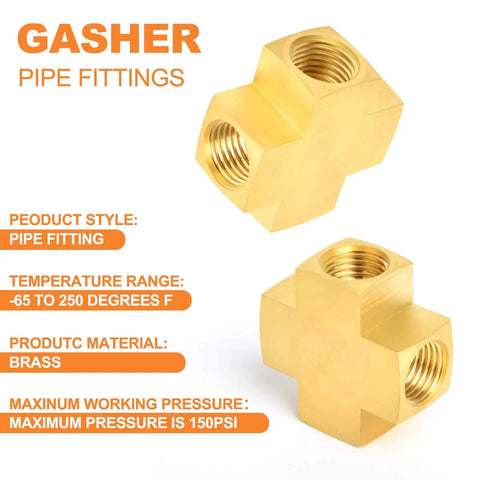 Image of two brass four-way pipe fitting crosses with 1/4 inch NPT female threads, shown with product specifications.