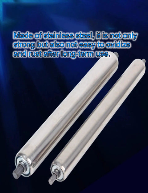 1.5 Inch Dia Stainless Steel Conveyor Roller Pack Of 6 With 8mm Axle Pro Grade Quiet, Low Noise Operation And Built In Spring Bearings, replacement rollers shown angled