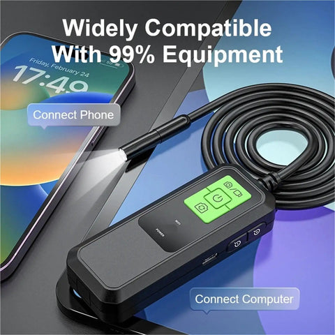 Slick Wireless WiFi Borescope Camera For Auto Shops And DIY Pros Features HD Imaging Lens Plus No Sweat Hookup Makes Tight Spaces A Breeze To Inspect Today, showing a compact camera with phone connection.