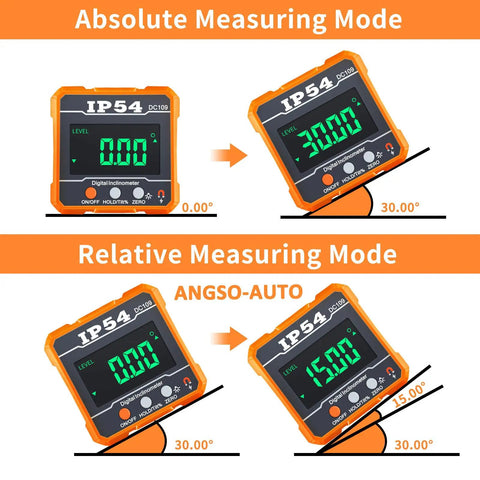Digital Angle Gauge for ADAS Calibration, IP54 Rated Protractor Tool With 4 By 90 Degree Measuring Range, High Precision Angle Finder for Auto Shop, Easy Readout, Reliable Alignment and Sensor Calibration, IP54 digital inclinometer at 0° and 30°