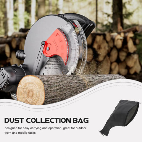 Circular saw cutting wood with Miter Saw Dust Collection Bag For Circular Saw And Marble Cutter Port, 11.4 X 6.2 Inch Fit shown