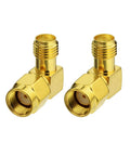 RP-SMA Male To SMA Female Right Angle Antenna Connector Adapter 2 Pack, gold connectors for FPV drones, WiFi routers, and networking gear.