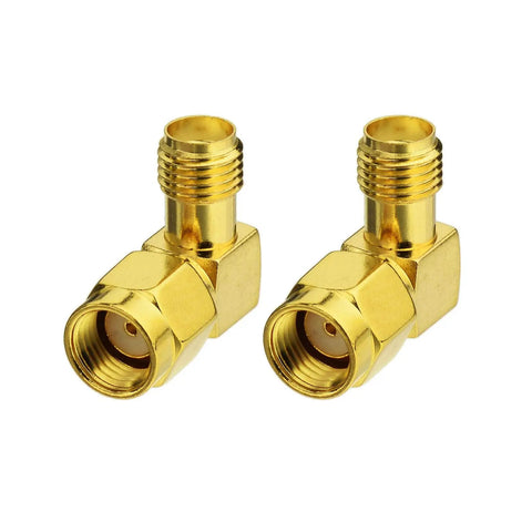 RP-SMA Male To SMA Female Right Angle Antenna Connector Adapter 2 Pack, gold connectors for FPV drones, WiFi routers, and networking gear.