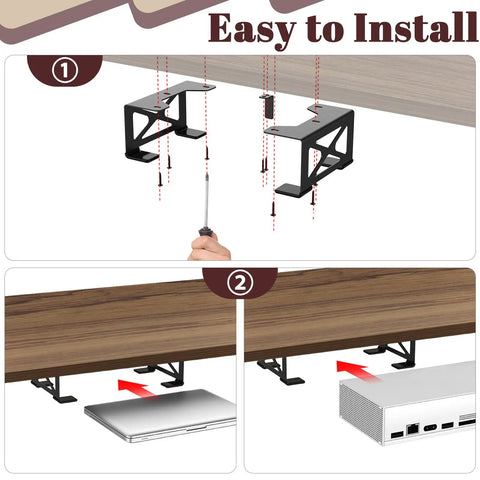 Easy installation of Heavy Duty Under Desk Laptop Mount to free up precious workspace for Macbook or Mini PC, showing mounting steps.