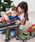 Mother and child with boxed Big Tow Truck With Crane For Kids Ages 4 To 12 Logging Truck With Music And Lights toy under tree