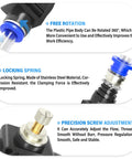 Diagram showing Inline Pneumatic Air Flow Control Valve With Push To Connect Fittings highlighting free rotation, locking spring, and precision screw adjustment features.