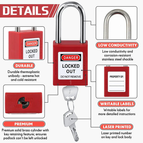 6 Set Lockout Tagout Locks Kit With 6 Red Padlocks, 2 Keys Per Lock And One Master Key, Keyed Differently, Pro Grade Safety Locks