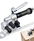 Heavy Duty Handheld Pneumatic Strapping Machine for 19 To 50 Mm Steel Bands, shown in use on a wooden crate.