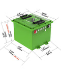 48V LiFePO4 Lithium Golf Cart Battery 60Ah Replacement For Icon Ev 2017 Up Includes dimensions and features, green color, top view.