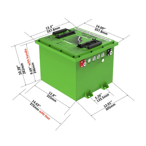 48V LiFePO4 Lithium Golf Cart Battery 60Ah Replacement For Icon Ev 2017 Up Includes dimensions and features, green color, top view.
