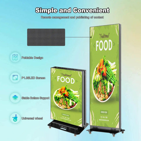 80 Inch Led Poster Display Straight Fire Visuals For Commercial Digital Signage Plug And Play Ad Screen With Cms Control Flight Case, foldable design with food advertisement.