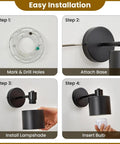 Easy installation steps for Lightess Battery Powered Wall Sconces Set of Two Black with Remote Control showing mounting and bulb insertion.