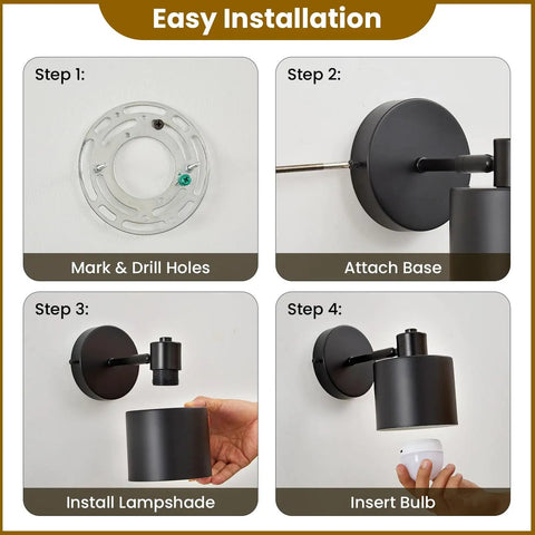 Easy installation steps for Lightess Battery Powered Wall Sconces Set of Two Black with Remote Control showing mounting and bulb insertion.